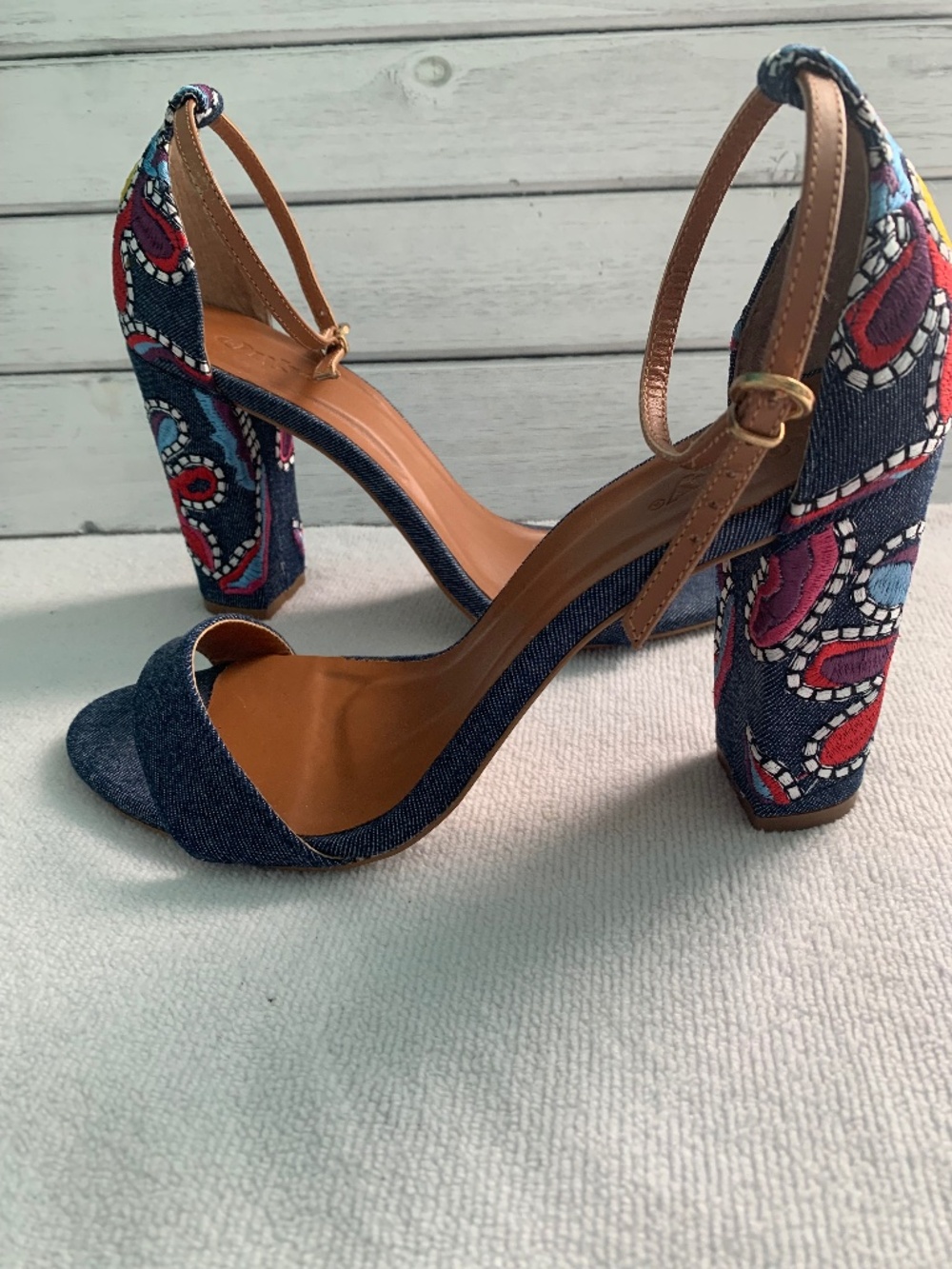 Only‎ Denim Embroidered Block High Heel Sandals Brazilian Statement Shoes 39